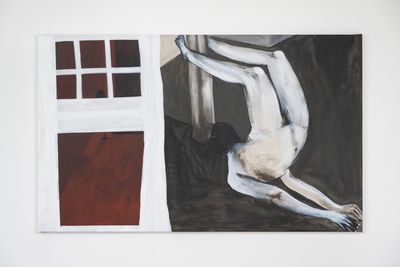 Shadi Al-Atallah, to wrap, to wrap (2025). Acrylic, charcoal, ink, and chinagraph pencil. 100 x 165 x 3.5 cm.