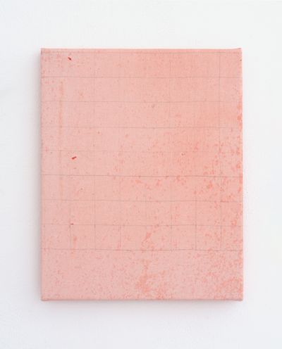 Ian Kiaer, Endnote oblique, pink (small pink) (2023). Acrylic and pencil on linen. 25.5 x 20.5 cm.