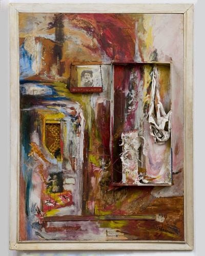 Carolee Schneemann, Sir Henry Francis Taylor (1960). Oil paint, photographs, underpants, plaster, paper, wood, metal, and swing glass on Masonite panel. 138.4 x 99.1 x 16.5 cm.