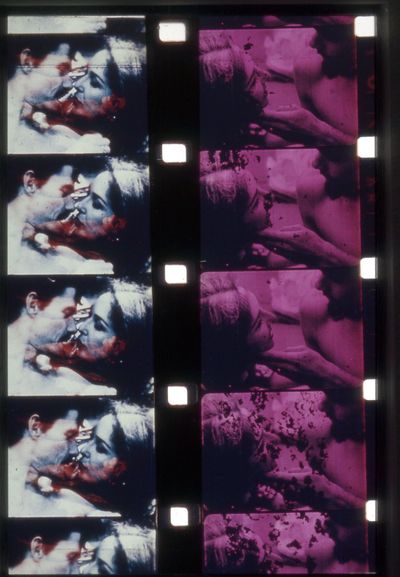 Carolee Schneemann, Fuses (1964–1967). 16mm film transferred to HD video, colour, silent. 29 min, 51 sec. Original film burned with fire and acid, painted, and collaged.