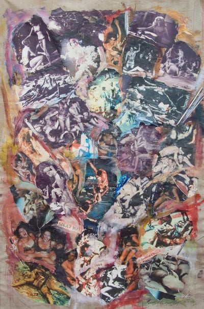 Carolee Schneemann, Meat Joy Collage (1998–1999). Mixed media, performance collage: photos from 1964 performance, crayon, paint on linen. 210.8 x 134.6 cm.