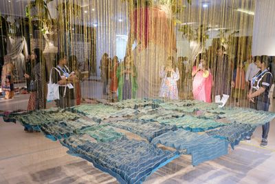Ashfika Rahman, বেহুলা আজকাল (Behula These Days) (2022–2023). Community-led photography and textile installation. Commissioned by Samdani Art Foundation. Exhibition view: Dhaka Art Summit 2023 (3–11 February 2023). © Dhaka Art Summit 2023. Photo: Farhad Rahman.