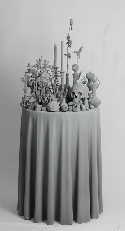 Hans Op de Beeck, Vanitas Table (Beijing) (2023). Sculpture: polyester, plaster, polyamide, metal, PU, wood, and coating. 96 x 96 x 153 cm. Edition unique.