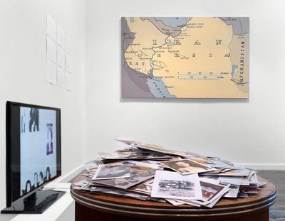 Ramesch Daha, 32°N / 53°E (2011–2012). Installation. Photos, painting, embossings, drawings, video and furniture. Variable dimensions. Exhibition view: Simurgh. Ten Women Artists from Iran, Crone Berlin (28 April–17 June 2023).