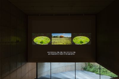 Jaye Rhee, Once Called Future (2019). Three-channel video installation with sound (adapted exclusively for SONGEUN). 7 min, 13 sec. Exhibition view: Group exhibition, Panorama, SONGEUN, Seoul (16 August–28 October 2023). © Jaye Rhee and SONGEUN Art and Cultural Foundation, all rights reserved. Photo: STUDIO JAYBEE.