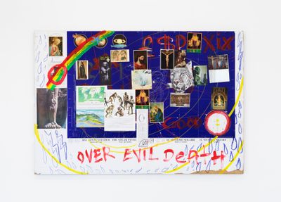 Lee 'Scratch' Perry, Good Over Evil Death (2020). Collage, oil stick, and acrylic on MDF board. 140 x 100 cm.