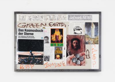 Lee 'Scratch' Perry, Green Earth (2019–2020). Collage, marker, and oil stick on cardboard; artist frame. 72 x 50 cm.