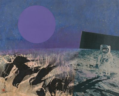 Liu Kuo-sung, Moon Walk (1969). Ink and acrylic with collage on paper. 59 x 85 cm. Private collection.