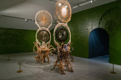 Left to right: Guadalupe Maravilla, Disease Thrower #8; Disease Thrower #9 (both 2019). Exhibition view: 12th Liverpool Biennial, uMoya: The Sacred Return of Lost Things, Tate Liverpool (10 June–17 September 2023).