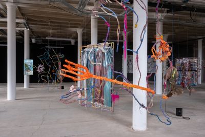 Exhibition view: Julien Creuzet, 12th Liverpool Biennial, uMoya: The Sacred Return of Lost Things, Tobacco Warehouse (10 June–17 September 2023).