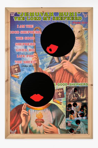 Larry Achiampong, Dominus regit me (2023). Acrylic, varnish, poster, wooden frame on panel. 145.5 × 98 × 7 cm.