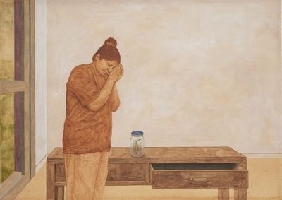 Mrudula Kunatharaju, The Small Light (2023). Watercolour, graphite pencil, pen, charcoal, and tea tone on paper. 29.7 x 41.9 cm.