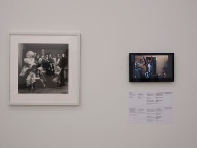 Left to right: Tseng Kwong Chi, Puck Ball (The Gang's All Here) (1983); Assortment of party photos (digital) (1980s). Exhibition view: Group exhibition, Myth Makers—Spectrosynthesis III, 'Chapter 2: Body Politics: Criminalisation, Control and Counter-Narratives', Tai Kwun Contemporary, Hong Kong (24 December 2022–10 April 2023).