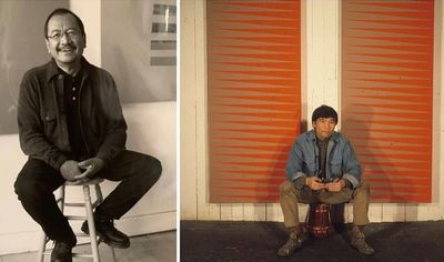 Left to right: Carlos Villa; Leo Valledor with his painting Echo (for John Coltrane) (1967).