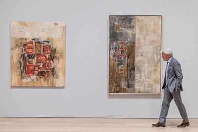 Left to right: Jaune Quick-to-See Smith, The Vanishing American (1994); The Vanishing White Man (1992). Exhibition view: Memory Map, Whitney Museum of American Art, New York (19 April–13 August 2023). Photo: Matthew Carasella.
