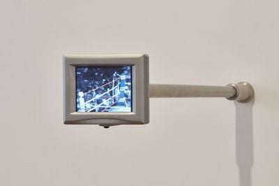 Paul Pfeiffer, The Long Count (Rumble in the Jungle) (2001). Standard-definition video (colour, silent; 2 min, 51 sec), painted 5.6-inch LCD monitor, and metal armature. 15.2 x 17.8 x 91.4 cm. © Paul Pfeiffer.