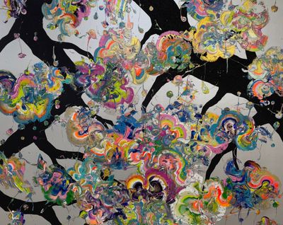 Okuda Yuta, Trimmed Neo Bonsai (Pearl White x White) (2023). Acrylic, pigment ink on canvas. 72.7 × 116.7 × 5 cm. © Okuda Yuta.