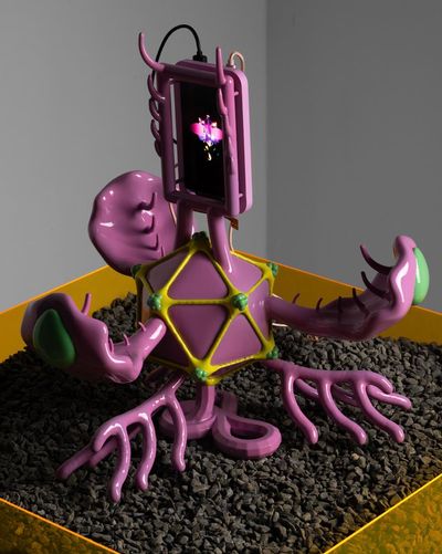 Brandon Tay, Model B: Orchid Mantis (2023). 3D-printed sculpture with embedded media display and LCD display with dynamic video loop. 44 cm x 43 cm x 40 cm.