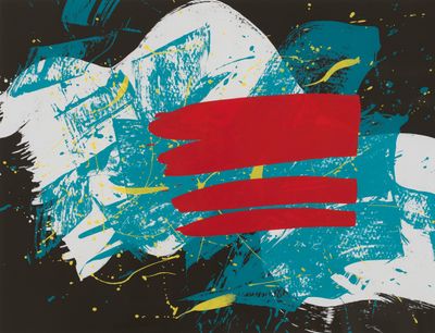 Kazuo Shiraga, Red Flag (1993). Silkscreen on paper. 65 x 85 cm.