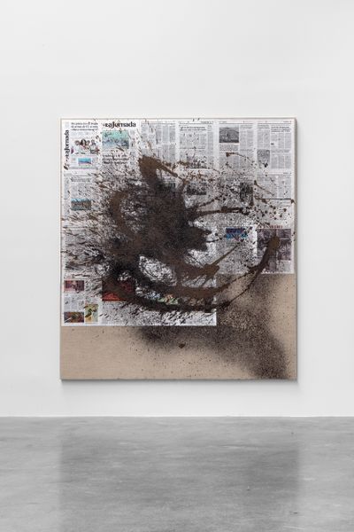 Rirkrit Tiravanija, untitled 2022 (february 16 , 2021). Mezcal, clay, acrylic, ashes, and newspaper on linen. 191 x 173 x 3.2 cm.