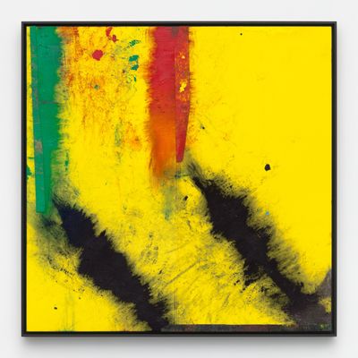 Sterling Ruby, TURBINE. WASP., (2022). Acrylic, oil, and cardboard on canvas. 213.4 x 213.4 x 5.1 cm.
