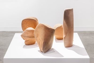 Gabriel Orozco, Rotating Pressures (2012). Five terracottas. Approximately 23 x 20 x 9 cm, 24 x 22 x 20 cm, 16 x 17 x 16 cm, 16 x 16 x 16 cm, 37 x 12 x 10 cm.