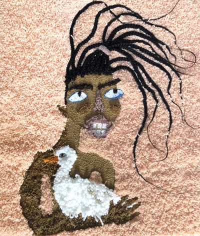 Anya Paintsil, Mair at Cylch Meithrin (2020). Acrylic, wool and synthetic hair on hessian. 106.68 x 91.44 cm.