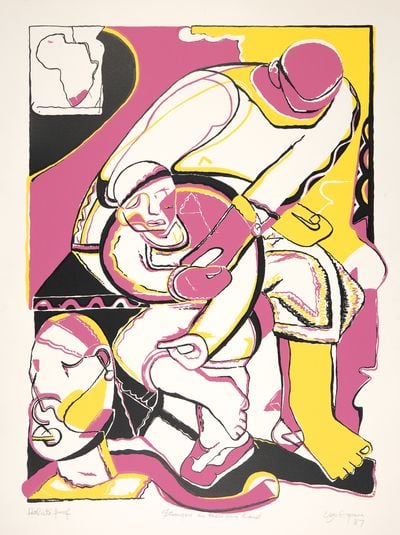 Uzo Egonu, Strangers in their own land (1987). Silkscreen on woven paper.