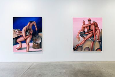 Alvin Ong, Rempah (2020). Oil on canvas. 175 x 145 cm; Long Distance (2020). Oil on canvas. 175 x 145 cm (left to right). Exhibition view: Long Distance, Yavuz Gallery, Sydney (14 May–6 June 2020).