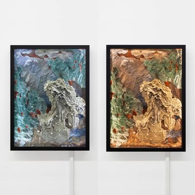 Andrew Luk, Horizon Scan No. 17 (2019). Epoxy resin, polystyrene, plastic, paint, canvas, LED lights. 56 x 42 cm.