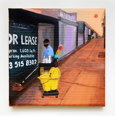 Ramiro Gomez, On 3rd Street (2020). Acrylic on stretched cardboard. 30.5 x 30.5 cm.