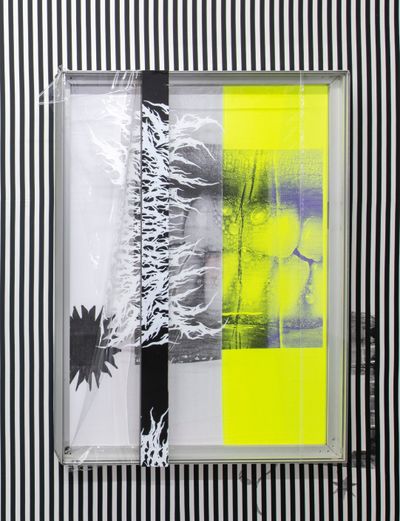 David Douard, EV'R 3 (2020). Aluminium frame, silk screened fabric, silk screened wood, silk screened plastic. 151 x 110 x 14.5 cm. Exhibition view: O'Ti'Lulaby, Frac Île-de-France — Le Plateau, Paris (27 September–13 December 2020).