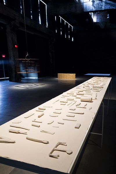 Shilpa Gupta, There is No Explosive in This – Confiscated Objects (2006). Unique work. Installation. 110 x 462 x 78 cm.