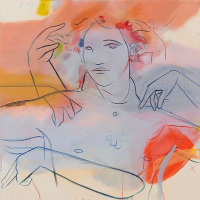 France-Lise McGurn, Built for bed (2019). Oil, acrylic, spray, and marker pen on canvas. 100 x 100 x 4.5 cm.