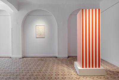 Bia Davou, Untitled (1975). Ink on paper. 70 x 50 cm; Ettore Sottsass, Superbox Cabinet (1969–1970). Red and white laminate over wood. 200 x 80 x 80 cm (left to right). Exhibition view: Fate of a Cell, Martinos Pandrossou, Athens (10 September­–7 November 2020).
