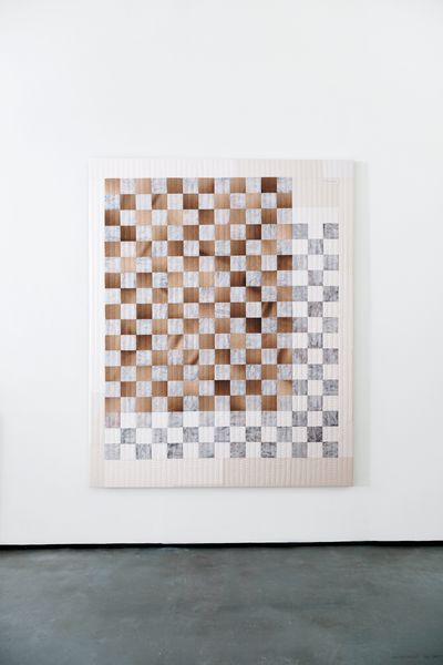 Abigail Booth, In Dreams (Dormir) (2020). Bone white, burnt cotton, oil medium, mixed cottons, thread. 205 x 165 cm.