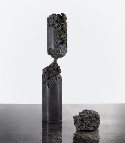 Jamie North, Forward Projection (2019). Concrete, blast furnace slag, steel, epoxy and British ferns and ivy. 300 (diameter) x 160 cm.