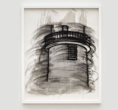 Gary Simmons, Untitled (Lighthouse No. 5) (2019). Gouache and charcoal on paper. 79.7 x 64.8 cm (incl frame).
