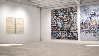 Charles Gaines, Librettos: Manuel de Falla/Stokely Carmichael, Set 5 (2015); Mark Bradford, New York City (2019) and Chicago (2019) (left to right). Exhibition view: Beside Itself