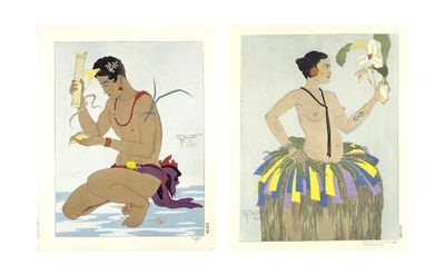 Left to right: Paul Jacoulet, The Betel Nut Boy, Yap (present-day Yap State, Federated States of Micronesia) (1940); Yap Beauty and Orchids, West Carolines (present-day Yap State, Federated States of Micronesia) (1934). Fromthe collection of Yokohama Museum of Art.