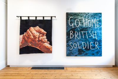 Left to right: Abdul Abdullah, Together 1 (2020). Manual embroidery made with the assistance of DGTMB studios; And the Portuguese and the Dutch (2020). Oil on linen. 198 x 162.5 cm. Exhibition view: The Possibility of an Island, A3 – Arndt Art Agency, Cromwell Place, London (3–11 December 2020).
