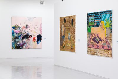 Left to right: Ibrahim, Untitled (2018); Pow Martinez, Social Death and Self-Help Guru (both 2020). Exhibition view: hyper–horizon