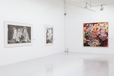 Left to right: Chen Wei Meng, Flowing Movement #1 and Expanding 2 (both 2019); Ibrahim, Belantara Rasa #4 (Wilderness of Senses #4) (2019). Exhibition view: hyper–horizon
