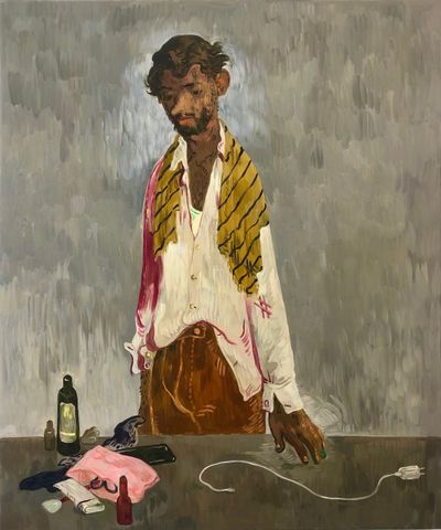 Salman Toor, Man with Face Creams and Phone Plug (2019). Oil on canvas. 109.22 x 91.44 cm. Collection of the artist.