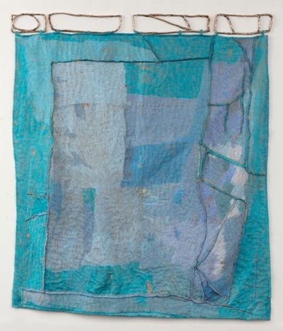 Teelah George, Sky Piece (Berlin, Belfast, Paris, Perth) (2020). Thread, linen and bronze. 180 x 150 cm.