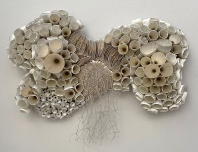 Ghizlane Sahli, M.O.M 003 (2020). Silk thread on plastic and metal. 85 × 116 × 26 cm.