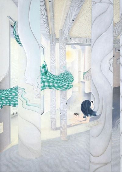 Tomoko Kashiki, A Beast Hiding Treasure (2013). Acrylic, ink, paper, linen, wooden panel. 227 x 163 cm. © Tomoko Kashiki.