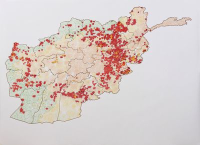 Tiffany Chung, Hazard Location Map of Afghanistan—active: 6452, transitional: 548 (2012). Micropigment ink, gel ink and oil marker on paper. 110 x 150 cm.