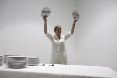 Arahmaiani Feisal performing Breaking Words at FIELD MEETING Take 6: Thinking Collections, Alserkal Avenue, Dubai (25–26 January 2019). Courtesy Asia Contemporary Art Week.