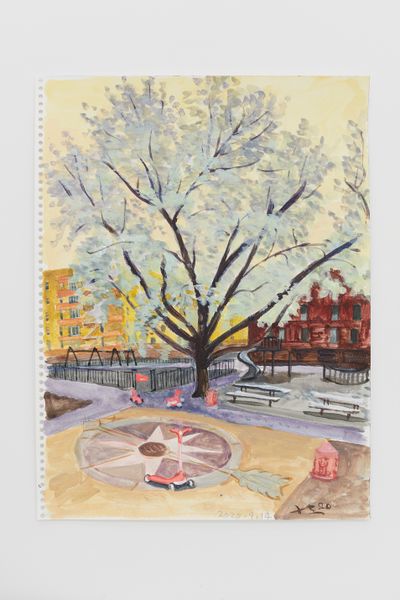刘小东，《Children's Park 2020.4.14》，2020。纸上水彩，33.5x25cm。图片提供：里森画廊。